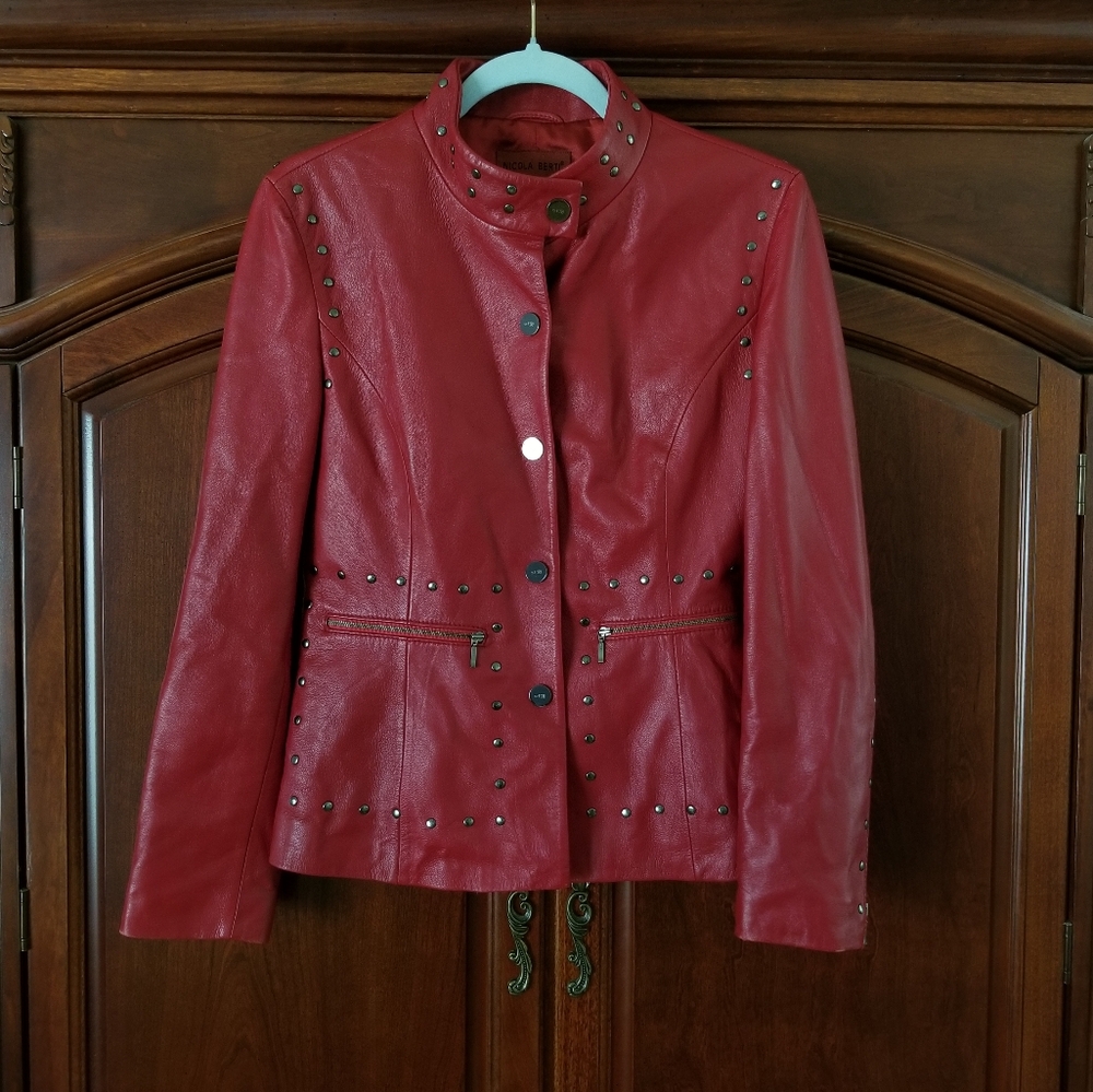 Nicola Berti Red Studded Italian Leather Jacket Size S